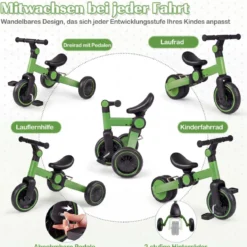 5-in-1 Kinderfahrrad Kinder Balancebike mit abnehmbaren Pedalen verstellbarem Lenker Grün