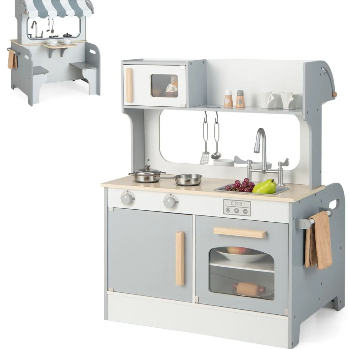 2 in 1 Kinderküche mit Restaurant zum Kochen & Servieren Spielküche mit Zubehör Grau