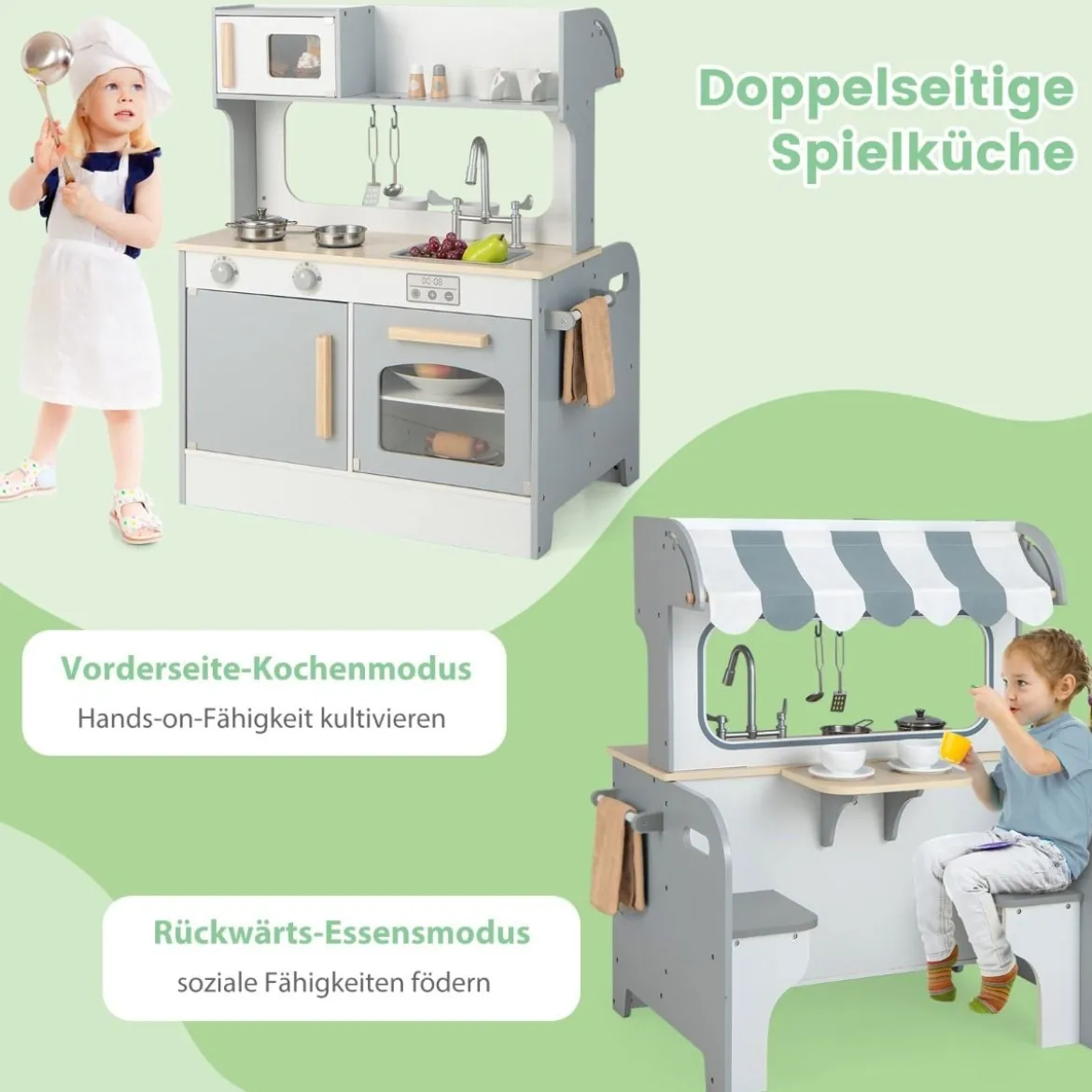 2 in 1 Kinderküche mit Restaurant zum Kochen & Servieren Spielküche mit Zubehör Grau