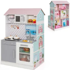 2-in-1-Kinderküchen-Spielset und Puppenhaus aus Holz mit realistischem Sound und Licht