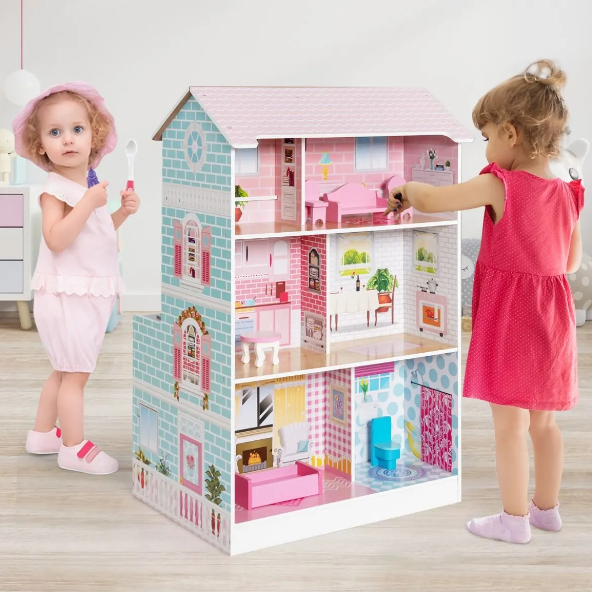 2-in-1-Kinderküchen-Spielset und Puppenhaus aus Holz mit realistischem Sound und Licht