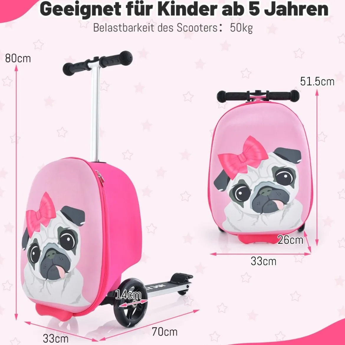 2 in 1 Kinderkoffer und Scooter mit LED Räder 26L Kindertrolley mit Bremse Hund