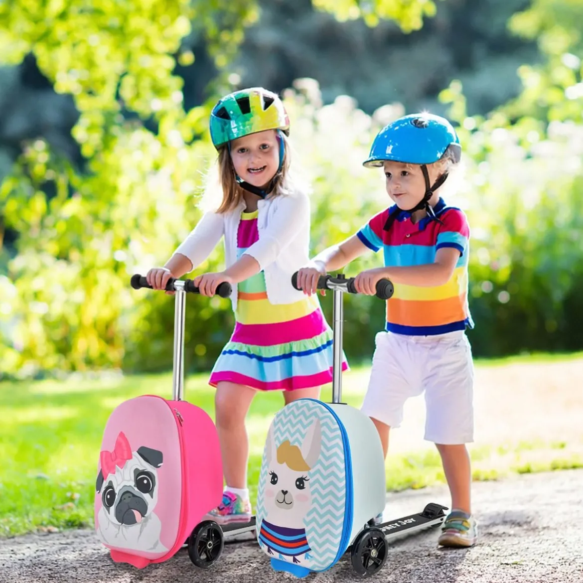 2 in 1 Kinderkoffer und Scooter mit LED Räder 26L Kindertrolley mit Bremse Esel