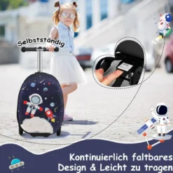 2 in 1 Kinderkoffer und Scooter mit LED Räder 26L Kindertrolley mit Bremse Astronaut