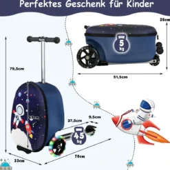 2 in 1 Kinderkoffer und Scooter mit LED Räder 26L Kindertrolley mit Bremse Astronaut