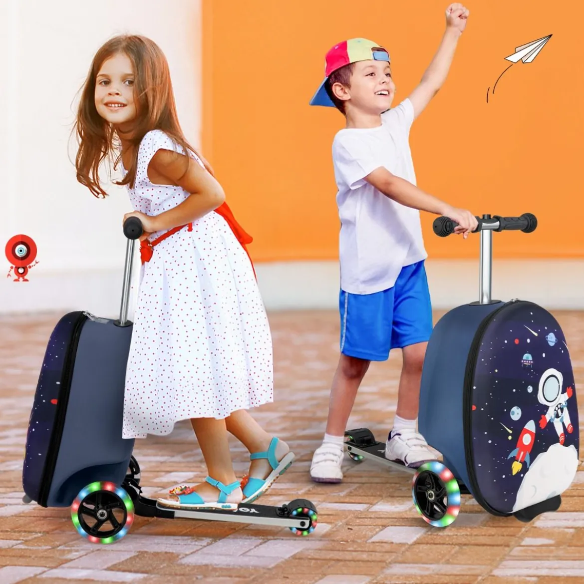2 in 1 Kinderkoffer und Scooter mit LED Räder 26L Kindertrolley mit Bremse Astronaut