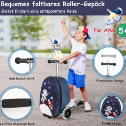 2 in 1 Kinderkoffer und Scooter mit LED Räder 26L Kindertrolley mit Bremse Astronaut