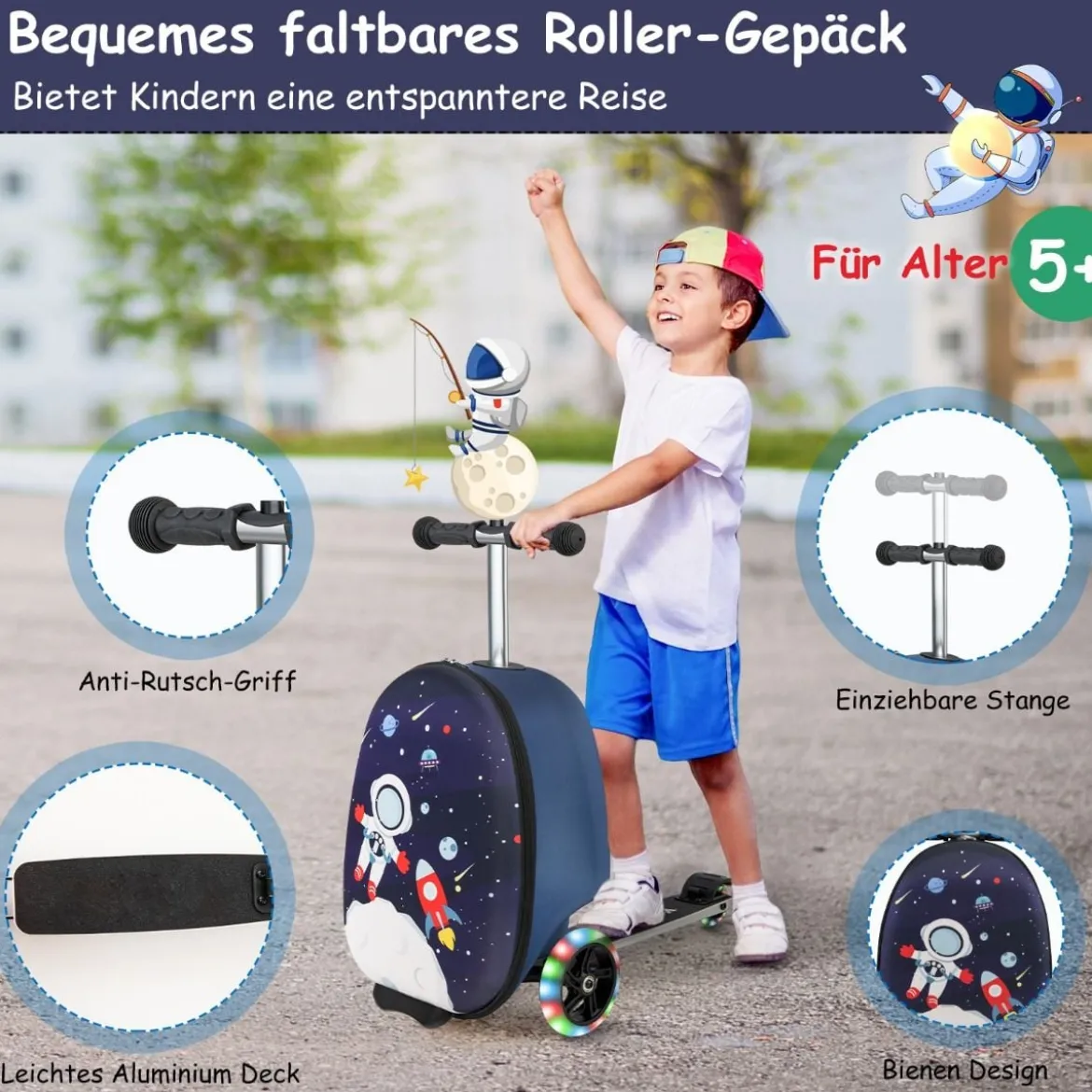 2 in 1 Kinderkoffer und Scooter mit LED Räder 26L Kindertrolley mit Bremse Astronaut
