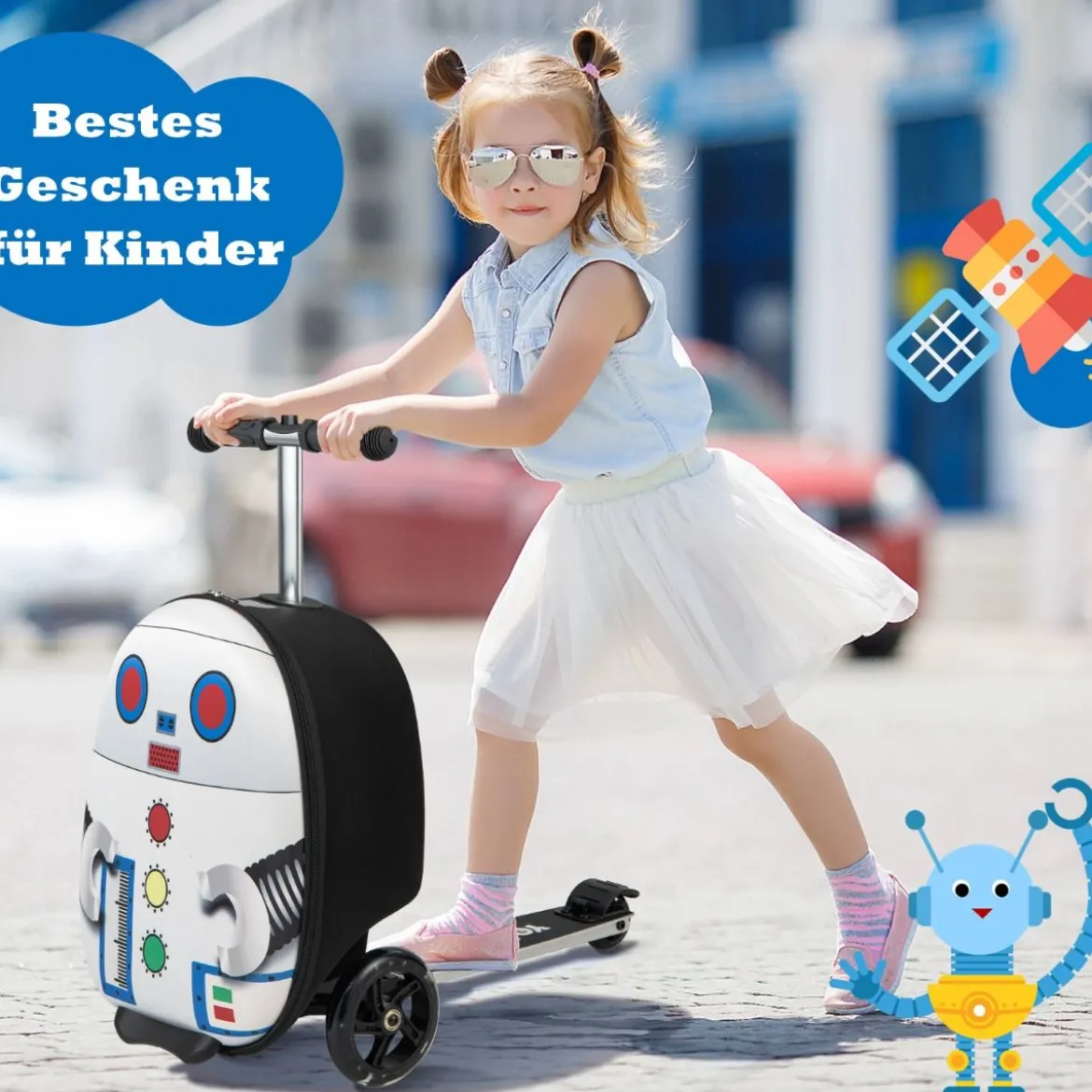 2 in 1 Kinderkoffer und Scooter mit LED Räder 26L Kindertrolley mit Bremse Roboter