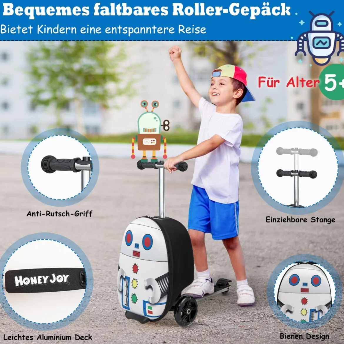 2 in 1 Kinderkoffer und Scooter mit LED Räder 26L Kindertrolley mit Bremse Roboter