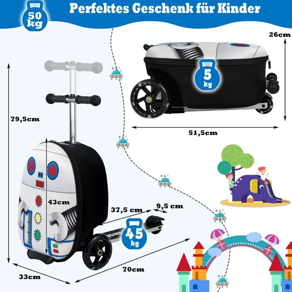 2 in 1 Kinderkoffer und Scooter mit LED Räder 26L Kindertrolley mit Bremse Roboter