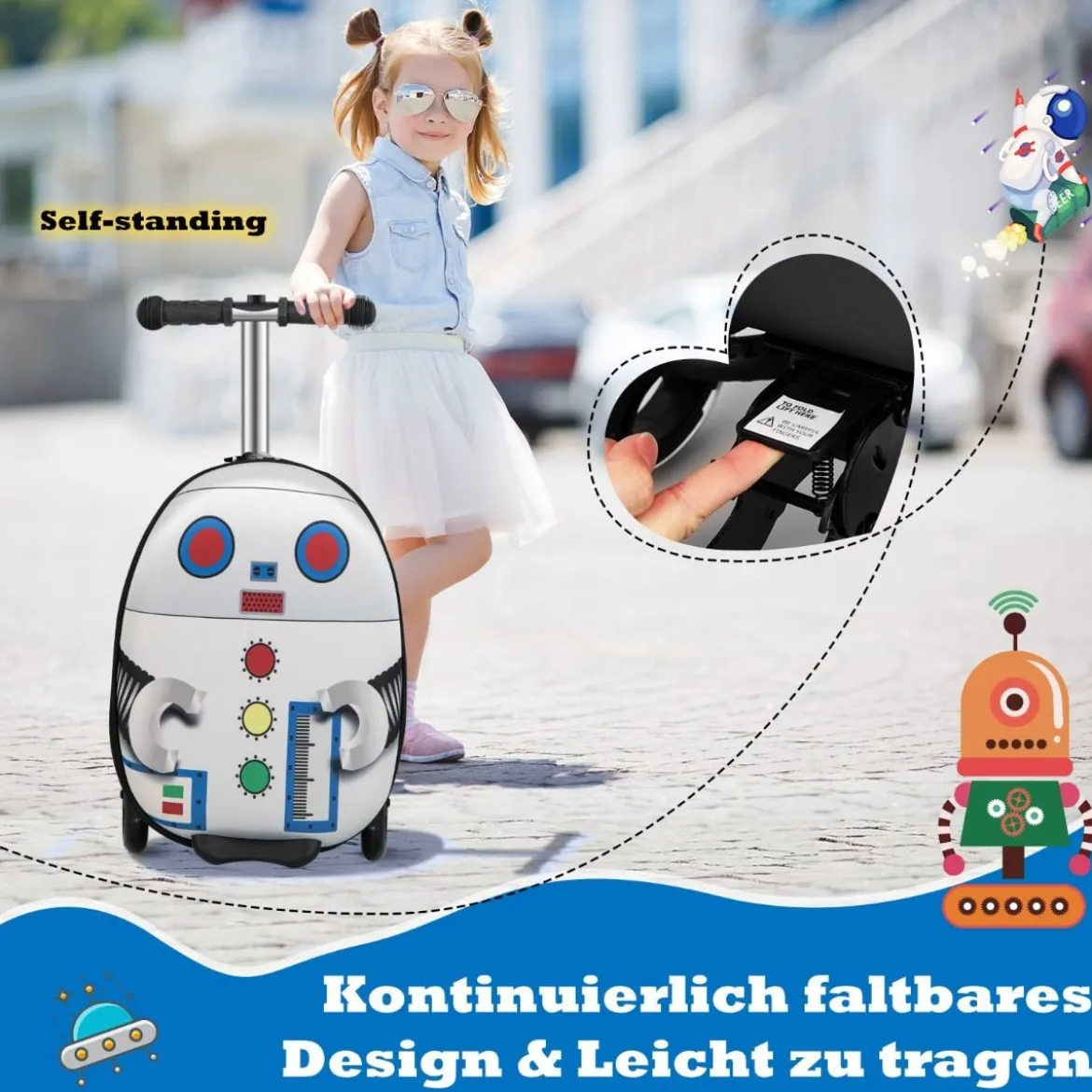 2 in 1 Kinderkoffer und Scooter mit LED Räder 26L Kindertrolley mit Bremse Roboter