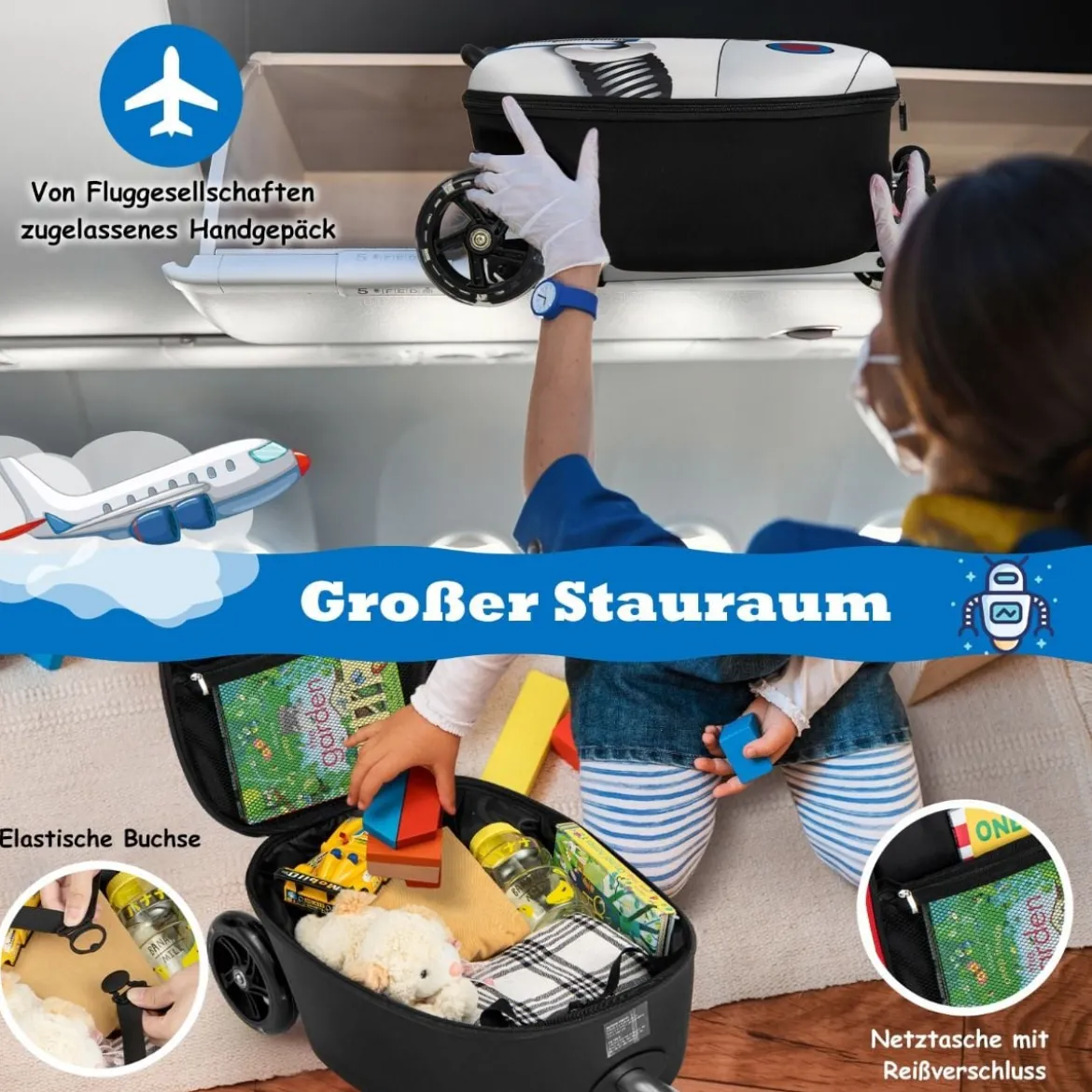 2 in 1 Kinderkoffer und Scooter mit LED Räder 26L Kindertrolley mit Bremse Roboter