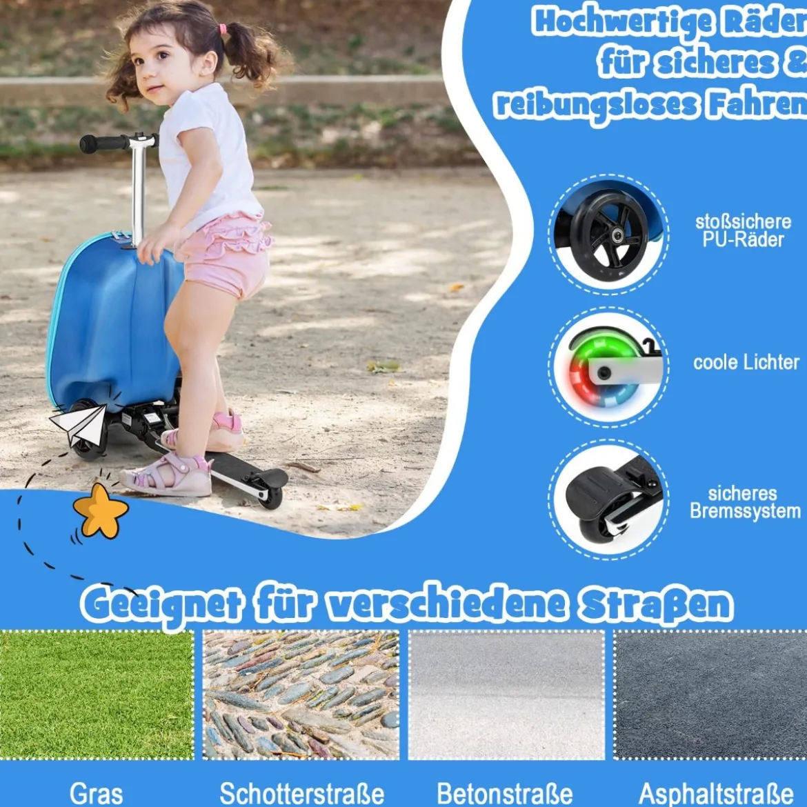 2 in 1 Kinderkoffer und Scooter mit LED Räder 26L Kindertrolley mit Bremse Hai