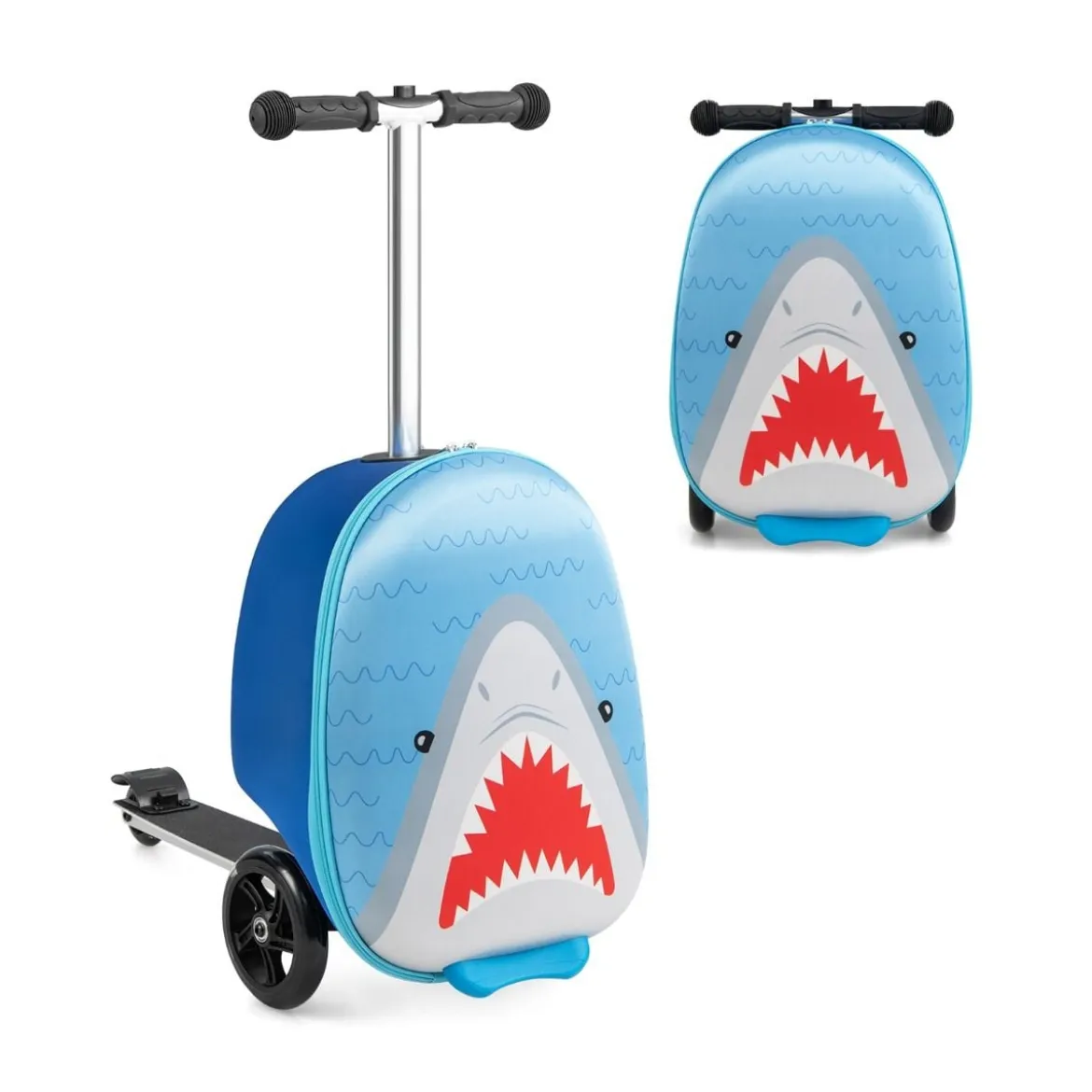 2 in 1 Kinderkoffer und Scooter mit LED Räder 26L Kindertrolley mit Bremse Hai