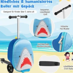 2 in 1 Kinderkoffer und Scooter mit LED Räder 26L Kindertrolley mit Bremse Hai