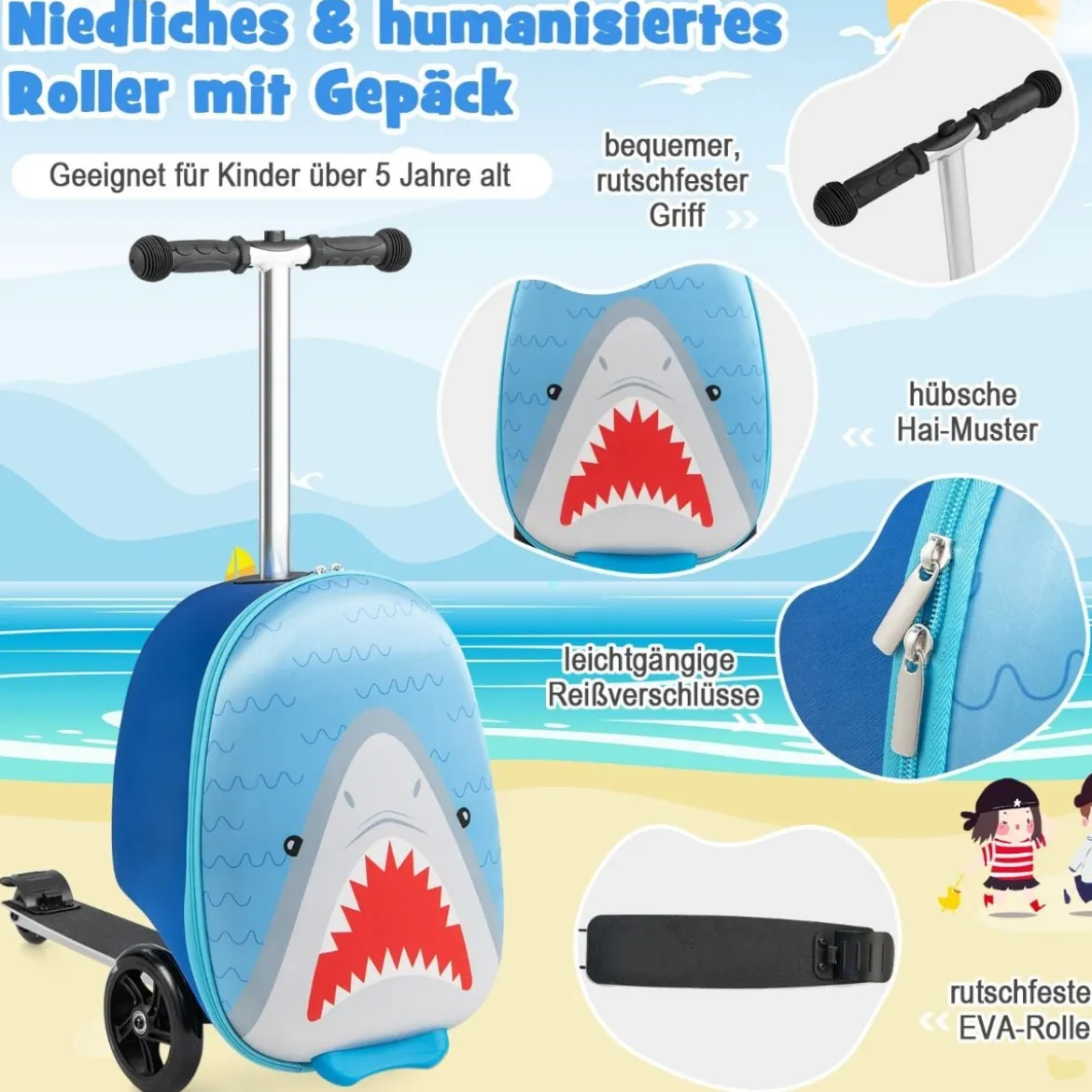 2 in 1 Kinderkoffer und Scooter mit LED Räder 26L Kindertrolley mit Bremse Hai