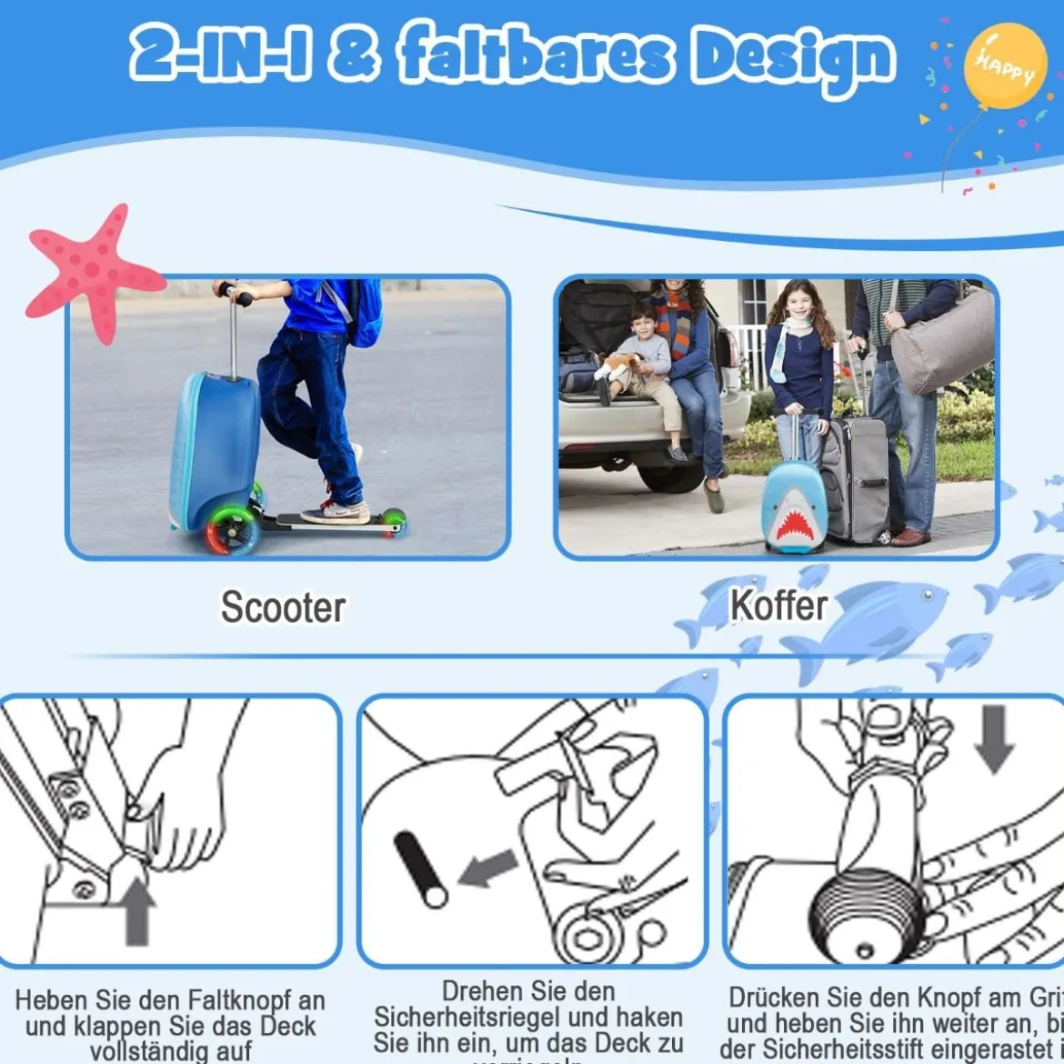 2 in 1 Kinderkoffer und Scooter mit LED Räder 26L Kindertrolley mit Bremse Hai