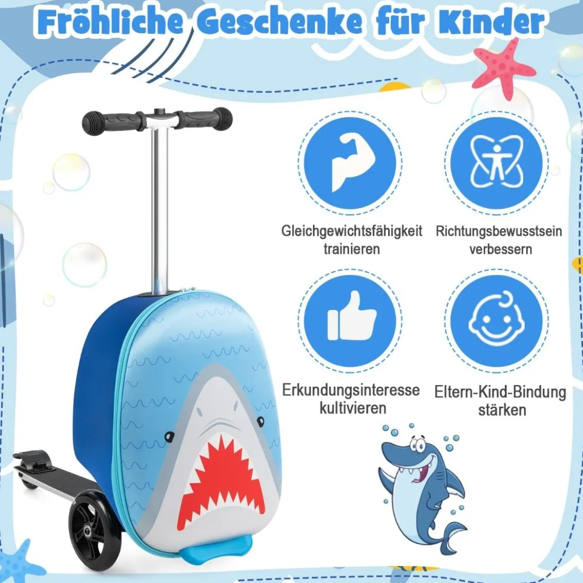 2 in 1 Kinderkoffer und Scooter mit LED Räder 26L Kindertrolley mit Bremse Hai
