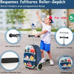 2 in 1 Kinderkoffer und Scooter mit LED Räder 26L Kindertrolley mit Bremse Fahrzeug
