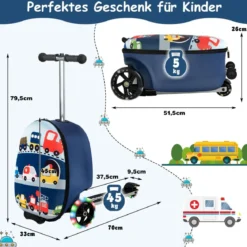 2 in 1 Kinderkoffer und Scooter mit LED Räder 26L Kindertrolley mit Bremse Fahrzeug