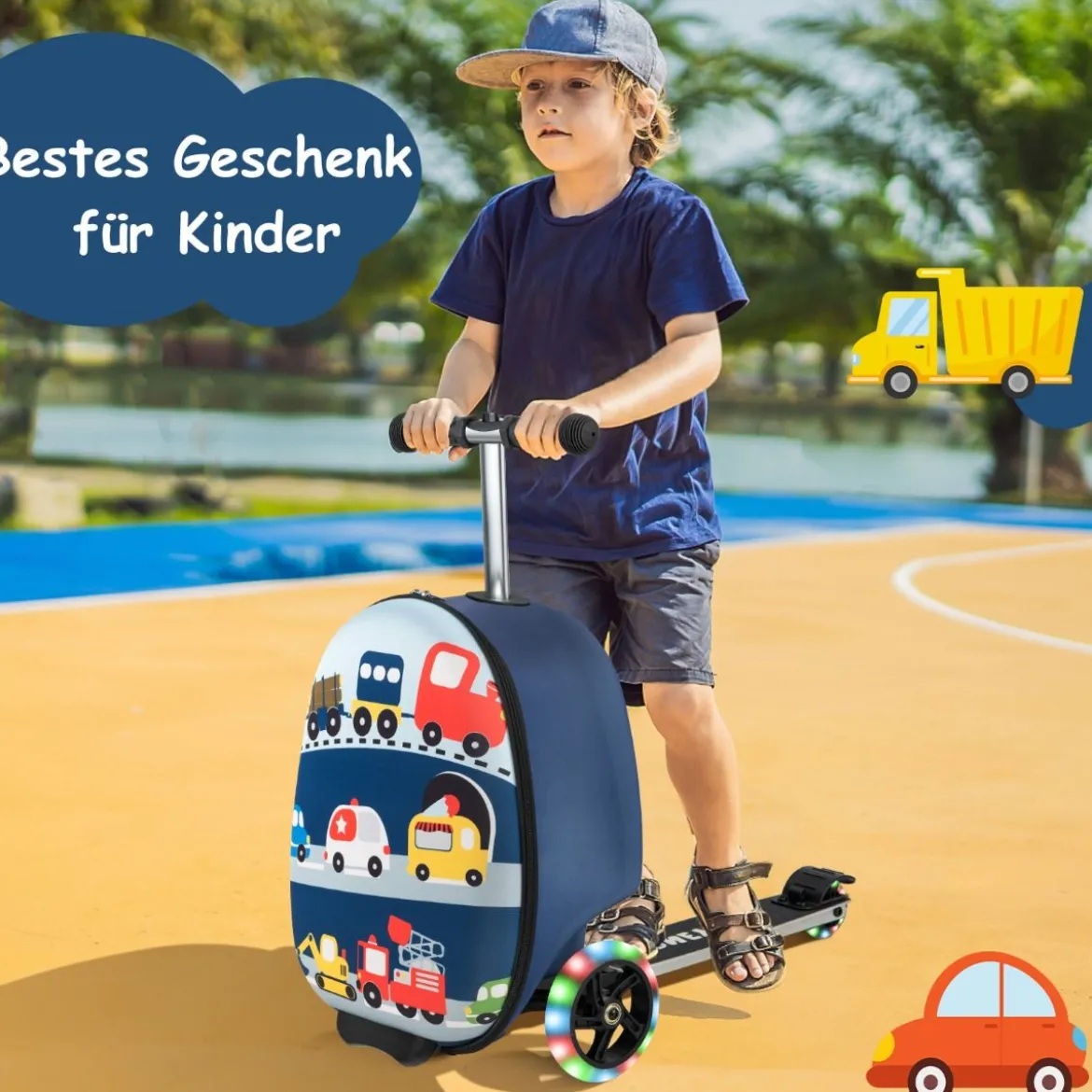 2 in 1 Kinderkoffer und Scooter mit LED Räder 26L Kindertrolley mit Bremse Fahrzeug