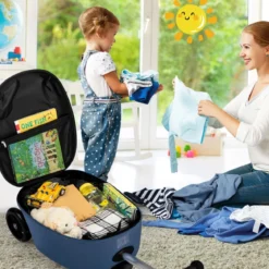 2 in 1 Kinderkoffer und Scooter mit LED Räder 26L Kindertrolley mit Bremse Fahrzeug