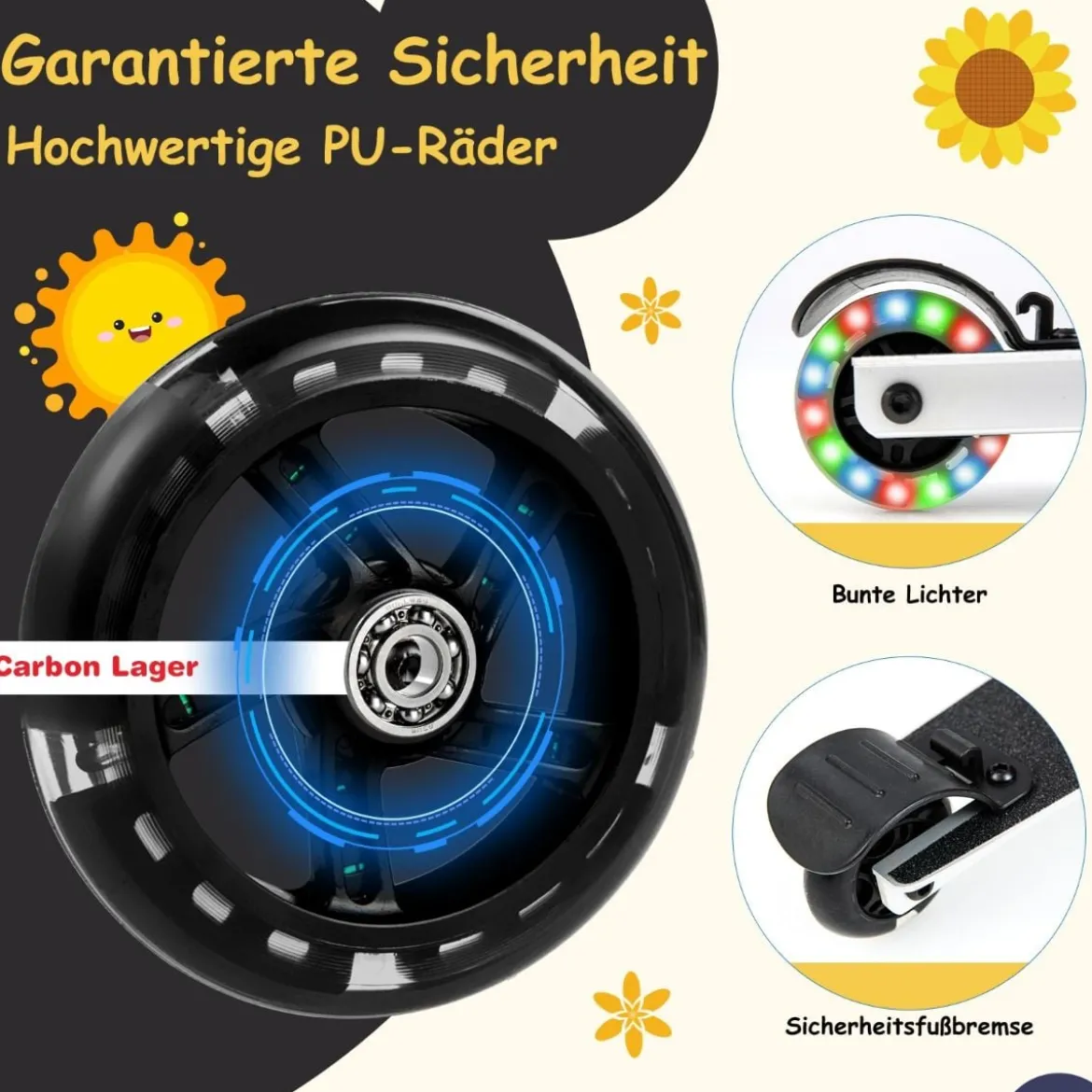 2 in 1 Kinderkoffer und Scooter mit LED Räder 26L Kindertrolley mit Bremse Biene & Blume