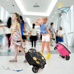 2 in 1 Kinderkoffer und Scooter mit LED Räder 26L Kindertrolley mit Bremse Biene & Blume