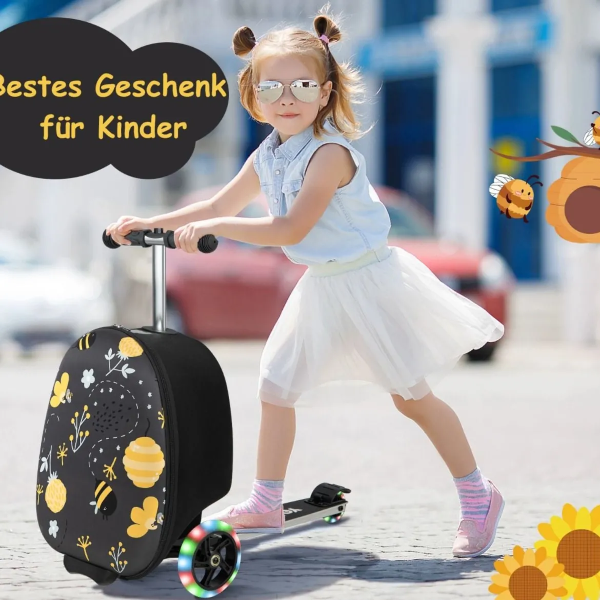 2 in 1 Kinderkoffer und Scooter mit LED Räder 26L Kindertrolley mit Bremse Biene & Blume