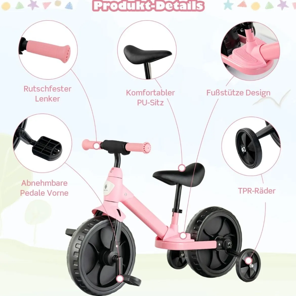4 in 1 Kinder Laufrad & Balance Bike mit verstellbarem Lenker und Stützrädern für 2-6-jährige Kinder Rosa