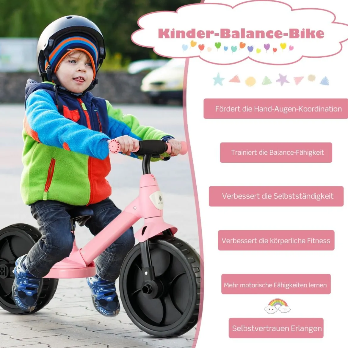 4 in 1 Kinder Laufrad & Balance Bike mit verstellbarem Lenker und Stützrädern für 2-6-jährige Kinder Rosa