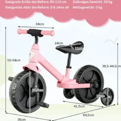 4 in 1 Kinder Laufrad & Balance Bike mit verstellbarem Lenker und Stützrädern für 2-6-jährige Kinder Rosa