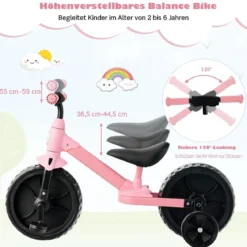 4 in 1 Kinder Laufrad & Balance Bike mit verstellbarem Lenker und Stützrädern für 2-6-jährige Kinder Rosa