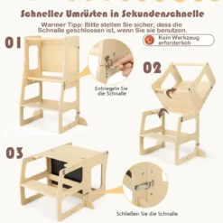 3 in 1 Kinder Lernturm Klappbarer Tritthocker & Tafel & Kindertisch-Set ab 3 Jahre Stehturm Natur