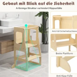 3 in 1 Kinder Lernturm Klappbarer Tritthocker & Tafel & Kindertisch-Set ab 3 Jahre Stehturm Natur