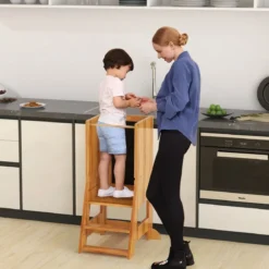 2 in 1 Kinder Lernturm mit Doppelseitiger Tafel & 3 Verstellbare Höhen Küchenhocker Trittschemel