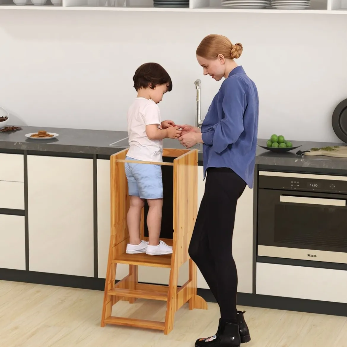 2 in 1 Kinder Lernturm mit Doppelseitiger Tafel & 3 Verstellbare Höhen Küchenhocker Trittschemel