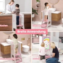 2 in 1 Kinder Lernturm mit Doppelseitiger Tafel & 3 Verstellbare Höhen Küchenhocker Trittschemel