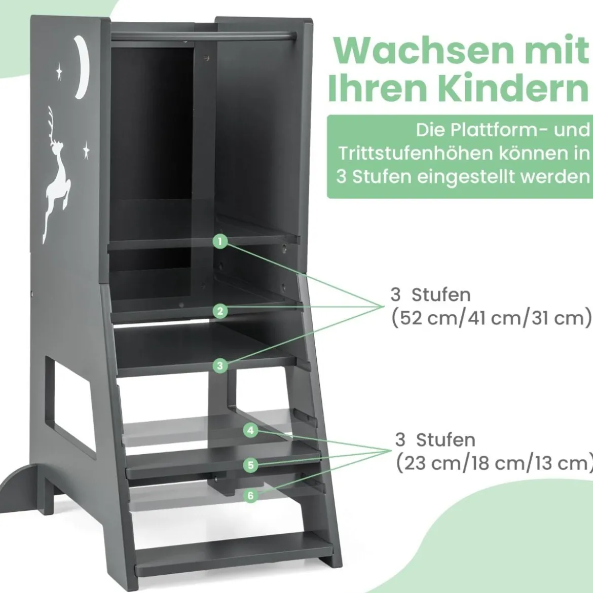 2 in 1 Kinder Lernturm mit Doppelseitiger Tafel & 3 Verstellbare Höhen Küchenhocker Trittschemel