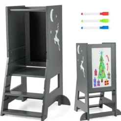 2 in 1 Kinder Lernturm mit Doppelseitiger Tafel & 3 Verstellbare Höhen Küchenhocker Trittschemel