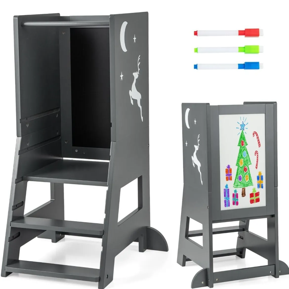 2 in 1 Kinder Lernturm mit Doppelseitiger Tafel & 3 Verstellbare Höhen Küchenhocker Trittschemel