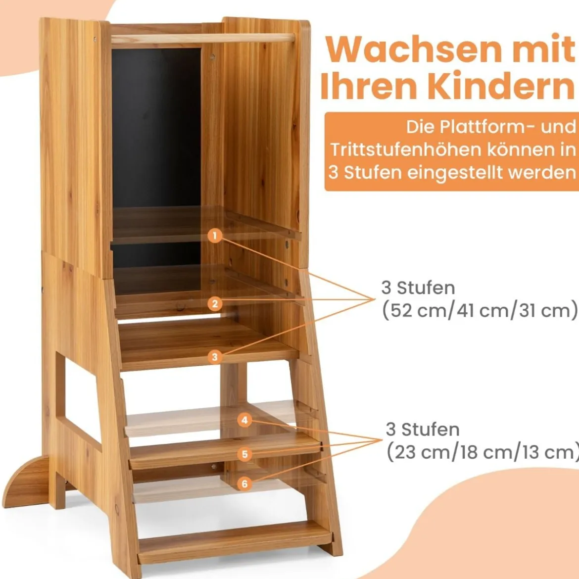 2 in 1 Kinder Lernturm mit Doppelseitiger Tafel & 3 Verstellbare Höhen Küchenhocker Trittschemel