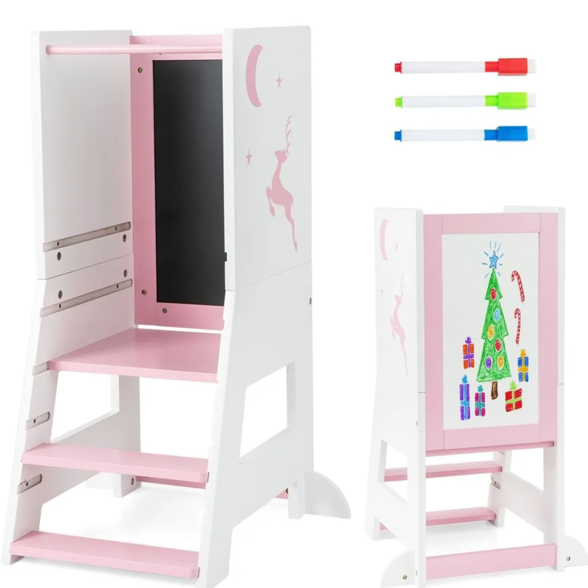 2 in 1 Kinder Lernturm mit Doppelseitiger Tafel & 3 Verstellbare Höhen Küchenhocker Trittschemel