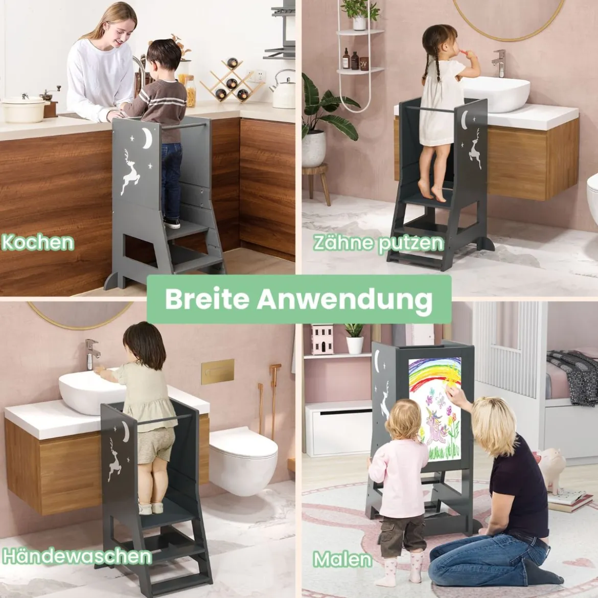 2 in 1 Kinder Lernturm mit Doppelseitiger Tafel & 3 Verstellbare Höhen Küchenhocker Trittschemel