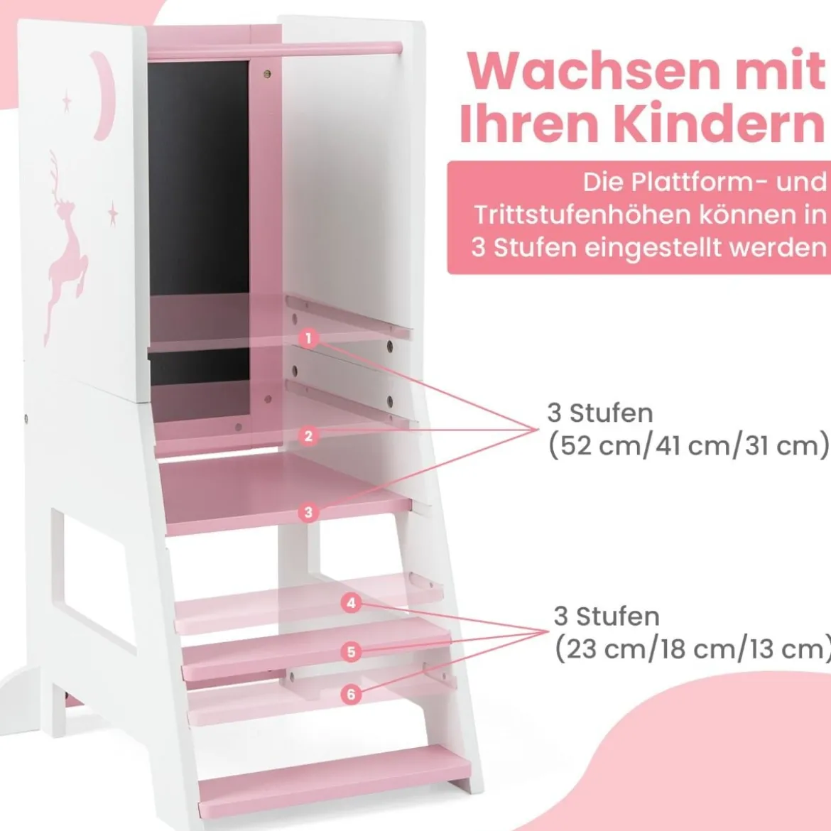 2 in 1 Kinder Lernturm mit Doppelseitiger Tafel & 3 Verstellbare Höhen Küchenhocker Trittschemel