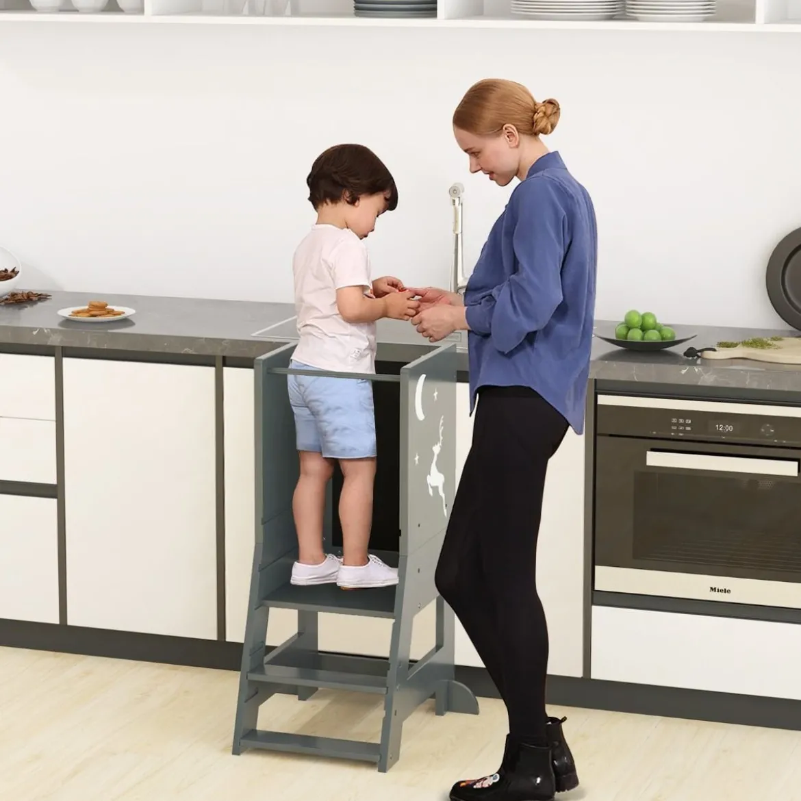 2 in 1 Kinder Lernturm mit Doppelseitiger Tafel & 3 Verstellbare Höhen Küchenhocker Trittschemel