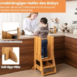 2 in 1 Kinder Lernturm mit Doppelseitiger Tafel & 3 Verstellbare Höhen Küchenhocker Trittschemel