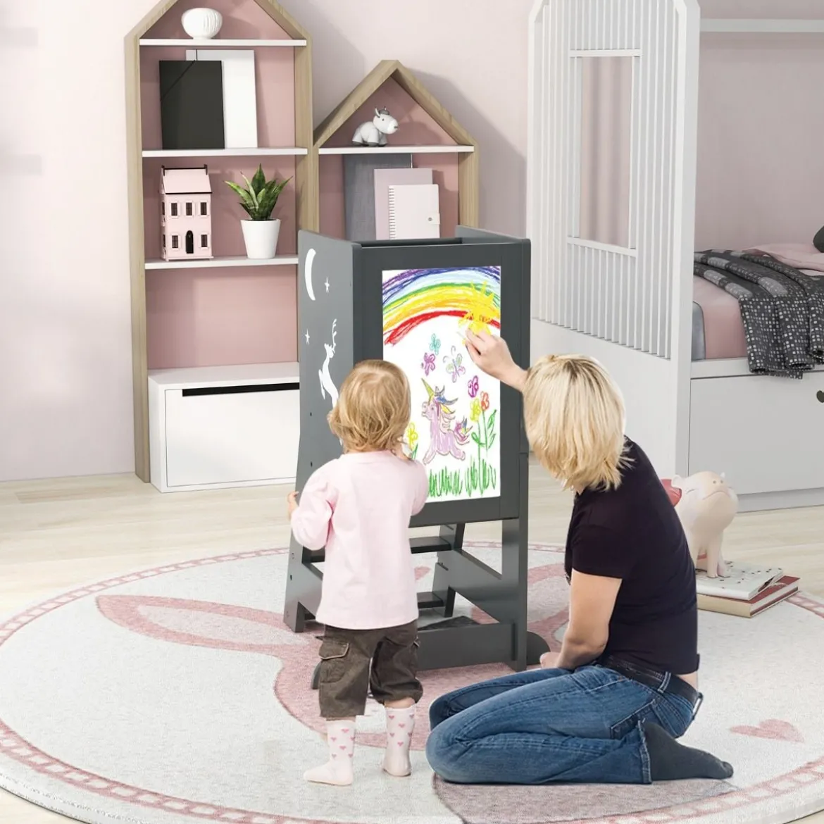2 in 1 Kinder Lernturm mit Doppelseitiger Tafel & 3 Verstellbare Höhen Küchenhocker Trittschemel