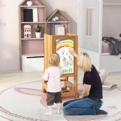 2 in 1 Kinder Lernturm mit Doppelseitiger Tafel & 3 Verstellbare Höhen Küchenhocker Trittschemel